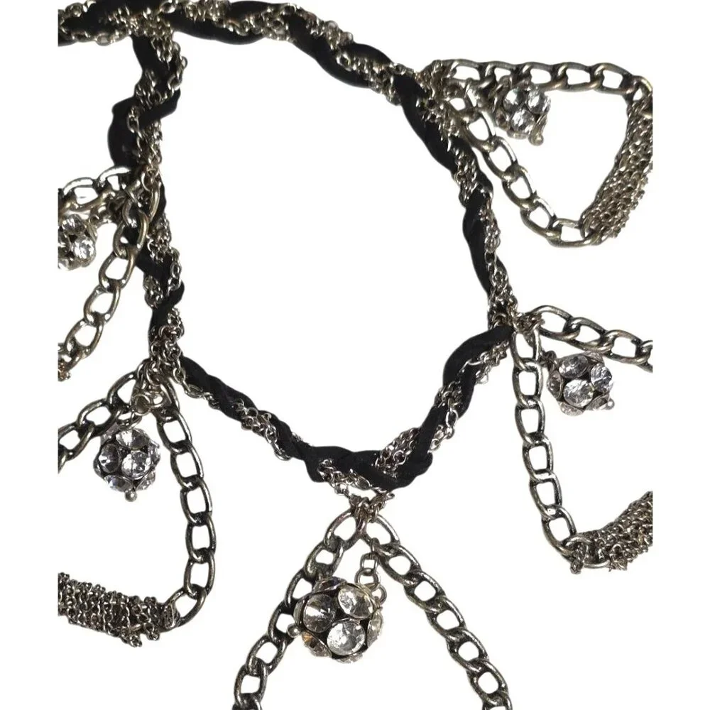 Vintage Necklace Efm Handmade Silver-Tone Statement Chain Rhinestone‎ Black Rope